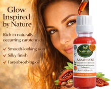 Load image into Gallery viewer, A bottle of Nativis Annato Oil (Urum Seed Extract) shown next to a close-up of a woman's face with warm golden lighting, featuring promotional text and illustrations of cacao pods.
