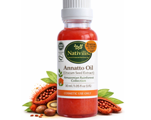 Load image into Gallery viewer, A bottle of Nativilis Annatto Oil (Urcum Seed Extract) 30 ml, shown with its label on a white background, surrounded by fresh annatto seeds, green leaves, and whole/half seeds.

