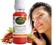 Load image into Gallery viewer, A bottle of Nativilis Annatto Oil cosmetic product shown next to a woman with a sun face mark, with anatto fruits and leaves illustrated at the bottom left, on a white background.
