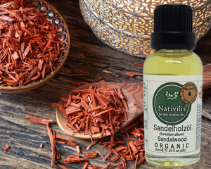 Nativilis Organic Sandalwood Essential Oil (Santalum album) Anti-ageing Soothes the skin Anti-tanning reduce the oxidative stress in the skin reverse sun ward off excess scalp sebum secretion Copaiba