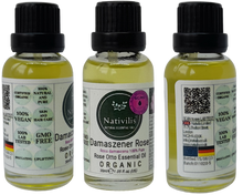 Load image into Gallery viewer, Nativilis Organic Rose Otto Essential Oil (Rosa damascena) - 100% Pure and Natural - 30ml - (GC/MS Tested) -
