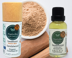 Nativilis Organic Sandalwood Essential Oil (Santalum album) Anti-ageing Soothes the skin Anti-tanning reduce the oxidative stress in the skin reverse sun ward off excess scalp sebum secretion Copaiba