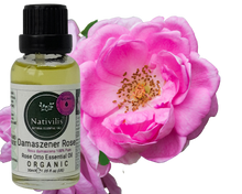 Load image into Gallery viewer, Nativilis Organic Rose Otto Essential Oil (Rosa damascena) - 100% Pure and Natural - 30ml - (GC/MS Tested) -
