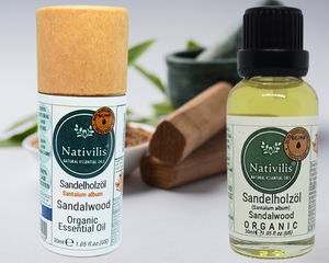 Nativilis Organic Sandalwood Essential Oil (Santalum album) Anti-ageing Soothes the skin Anti-tanning reduce the oxidative stress in the skin reverse sun ward off excess scalp sebum secretion Copaiba