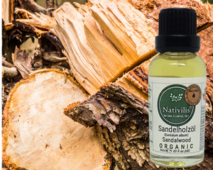 Nativilis Organic Sandalwood Essential Oil (Santalum album) Anti-ageing Soothes the skin Anti-tanning reduce the oxidative stress in the skin reverse sun ward off excess scalp sebum secretion Copaiba