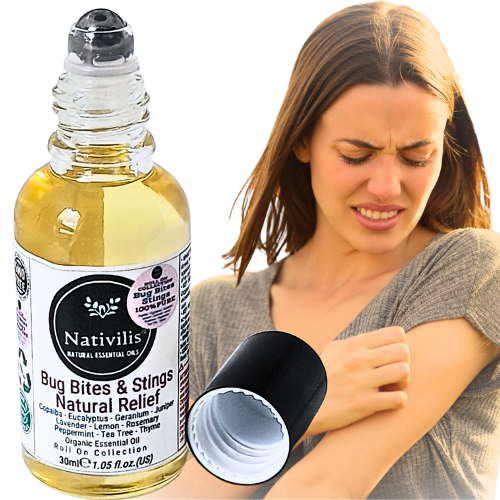 Nativilis Natural Relief for bug bites stings mosquito nettle fleas - Organic Essential Oil Formula - Roll on ball Stainless Steel Ideal Capacity 30ml Daily Use Travel Easy to carry in your purse/bag