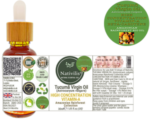 Nativilis TUCUMA VIRGIN OIL (Astrocaryum vulgare) Amazonian Rainforest Collection HIGH CONCENTRATION VITAMIN-A BETA-CAROTENE - SKIN and Hair Care - nourishing, moisturizing, antioxidant and anti-inflammatory properties - Copaiba