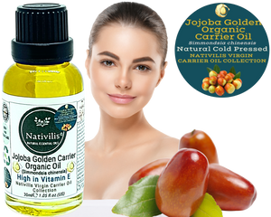 Nativilis Organic Jojoba Golden Carrier Oil (Simmondsia chinensis) Hair, Face & Skin Natural Cold Pressed - Humectant Ingredient - Non-comedogenic Acne-Prone Cleanser Moisturizer Antioxidant – Copaiba