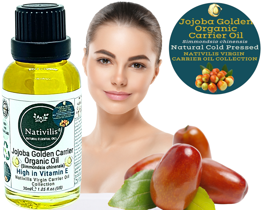 Nativilis Organic Jojoba Golden Carrier Oil (Simmondsia chinensis) Hair, Face & Skin Natural Cold Pressed - Humectant Ingredient - Non-comedogenic Acne-Prone Cleanser Moisturizer Antioxidant – Copaiba