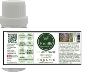 Nativilis Organic Clary Sage Essential Oil (Salvia sclarea) - 100% Natural - 10ml - (GC/MS Tested)