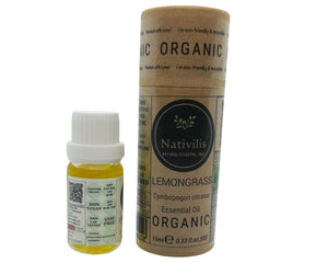 Nativilis Organic Lemongrass Essential Oil (Cymbopogon citratus) - 100% Natural - 10ml - (GC/MS Tested)