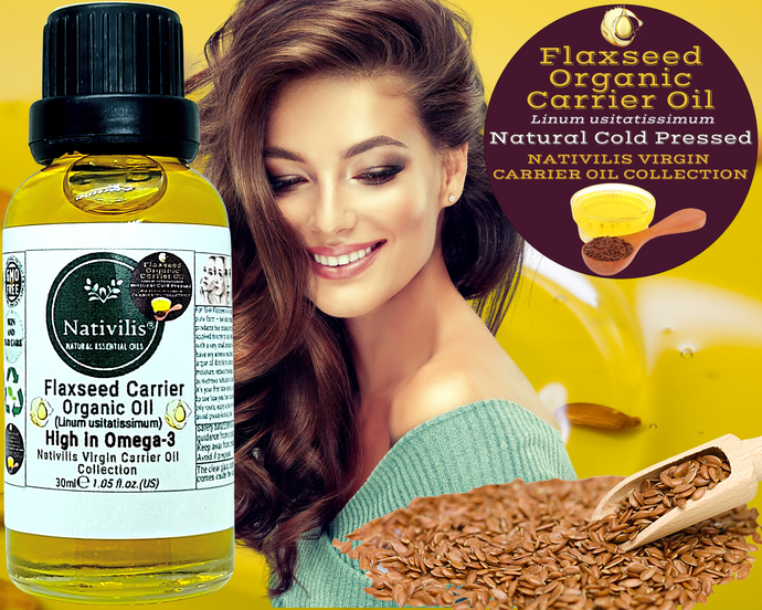 Nativilis Organic Flaxseed Carrier Oil (Linum usitatissimum) - linseed oil - Hair, Face & Skin - Natural Cold Pressed - High in Omega-3 - Improves Skin Smoothness – Moisturizes Dry Skin - Copaiba