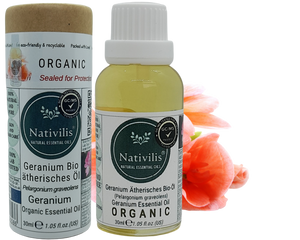 Nativilis Organic Geranium Essential Oil (Pelargonium graveolens) - 100% Natural - 30ml - (GC/MS Tested)
