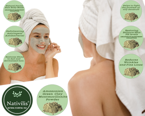 Nativilis Amazonian Green Montmorillonite Powder Clay - Natural Facial Hair Body Mask – oily and acne-prone skin restoring balance skin PH levels – Best known most used - Copaiba benefits