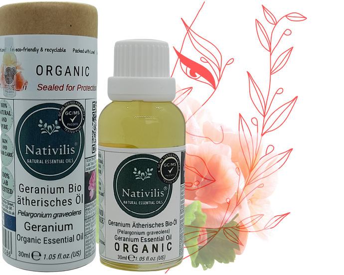 Nativilis Organic Geranium Essential Oil (Pelargonium graveolens) - 100% Natural - 30ml - (GC/MS Tested)