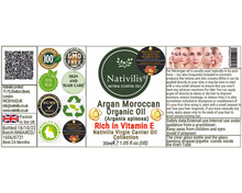 Load image into Gallery viewer, Nativilis Organic Argan Oil Moroccan (Argania spinosa) Hair, Face &amp; Skin - Natural Cold Pressed Carrier Oil - Pure &amp; Natural, Anti-Ageing, Antioxidant, Vegan, No GMO - Rich in Vitamin E – Copaiba
