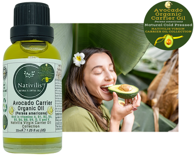 Nativilis Organic Avocado Carrier Oil (Persea americana) Hair, Face & Skin - Natural Cold Pressed - Rich in vitamins A, B1, B2, B3, B5, B6, B8, B9, D, E and K - Moisturizes Dry Skin – Copaiba