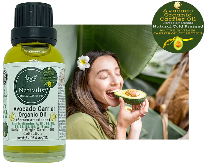 Nativilis Organic Avocado Carrier Oil (Persea americana) Hair, Face & Skin - Natural Cold Pressed - Rich in vitamins A, B1, B2, B3, B5, B6, B8, B9, D, E and K - Moisturizes Dry Skin – Copaiba