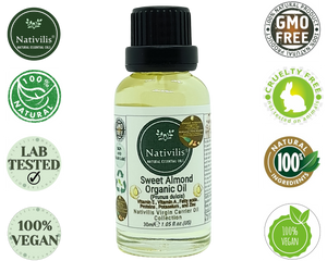 Nativilis Sweet Almond Carrier Oil (Prunus dulcis) King of Nuts- Hair, Face & Skin Natural Cold Pressed – Cleansing Moisturizer Face Chapped Lips Emollient Properties Healthy Scalp - Copaiba