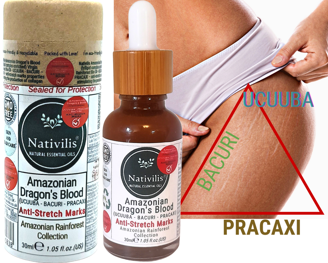 Nativilis Amazonian Dragon’s Blood (trilipid complex enriched) Virgin Rainforest Bio Oil - UCUUBA - BACURI – PRACAXI – anti-stretch marks properties stimulating the production of collagen - Copaiba