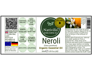 Nativilis Organic Neroli Essential Oil (Citrus aurantium) - 100% Natural - 30ml - (GC/MS Tested)