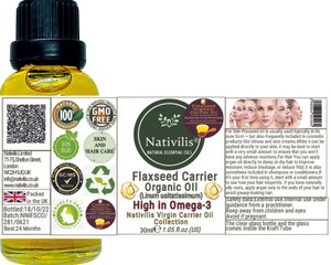 Nativilis Organic Flaxseed Carrier Oil (Linum usitatissimum) - linseed oil - Hair, Face & Skin - Natural Cold Pressed - High in Omega-3 - Improves Skin Smoothness – Moisturizes Dry Skin - Copaiba