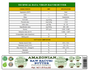 Nativilis Amazonian Raw Bacuri Butter (Platonia insignis) - Reduces the formation of redness emollient properties high absorption rate - anti-ageing stabilises collagen + elastin production – Copaiba