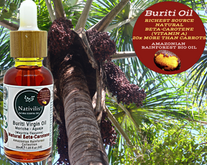 Nativilis Amazonian Buriti Oils (Mauritia flexuosa) Moriche – Aguaje – Richest source Beta-Carotene Vitamin A 20X More than Carrots – emollient rebuild moisturize re-hydrate skin cells - Copaiba
