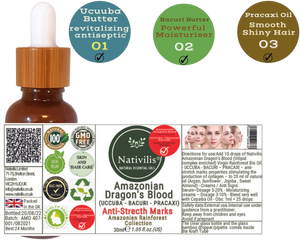 Nativilis Amazonian Dragon’s Blood (trilipid complex enriched) Virgin Rainforest Bio Oil - UCUUBA - BACURI – PRACAXI – anti-stretch marks properties stimulating the production of collagen - Copaiba