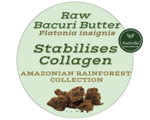 Nativilis Amazonian Raw Bacuri Butter (Platonia insignis) - Reduces the formation of redness emollient properties high absorption rate - anti-ageing stabilises collagen + elastin production – Copaiba