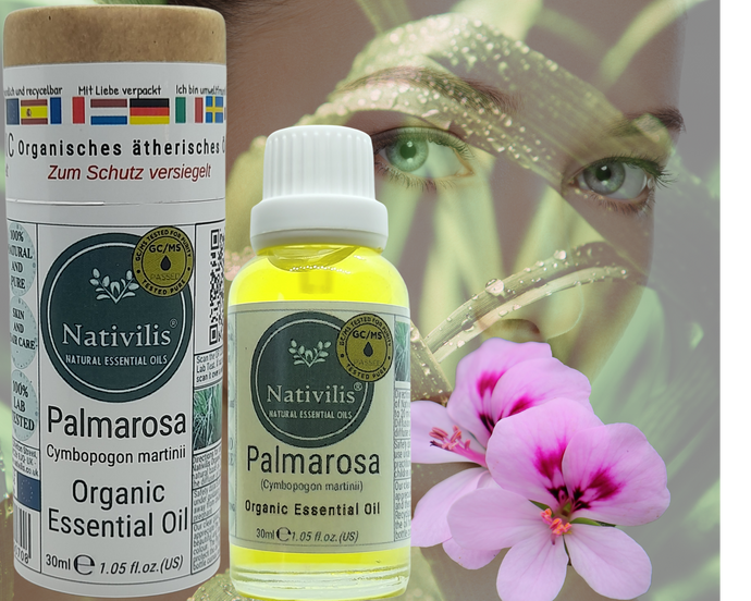 Nativilis Organic Palmarosa Essential Oil (Cymbopogon martinii)- 100% Natural - 30ml - (GC/MS Tested)