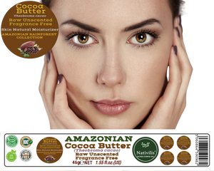 Nativilis Amazonian Cocoa Butter Raw Unscented Fragrance Free (Theobroma cacao) Skin Natural Moisturizer Replenishing skin's moisture protecting your skin improving elasticity – Copaiba properties