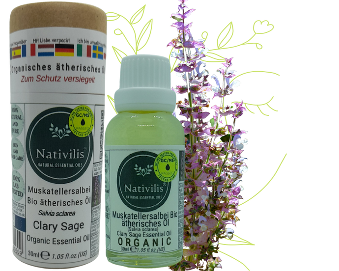 Nativilis Organic Clary Sage Essential Oil (Salvia sclarea) - 100% Natural - 30ml - (GC/MS Tested)