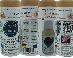 Nativilis Organic Geranium Essential Oil (Pelargonium graveolens) - 100% Natural - 30ml - (GC/MS Tested)