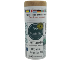 Nativilis Organic Palmarosa Essential Oil (Cymbopogon martinii)- 100% Natural - 30ml - (GC/MS Tested)