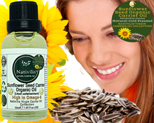 Load image into Gallery viewer, Nativilis Organic Sunflower Seed Carrier Oil (Helianthus annuus) Omega 6 Hair, Face &amp; Skin - Natural Cold Pressed - Non-comedogenic - Promotes Moisture Retention in Skin and Hair Acne-Prone – Copaiba
