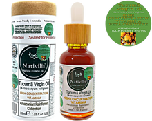 Load image into Gallery viewer, Nativilis TUCUMA VIRGIN OIL (Astrocaryum vulgare) Amazonian Rainforest Collection HIGH CONCENTRATION VITAMIN-A BETA-CAROTENE - SKIN and Hair Care - nourishing, moisturizing, antioxidant and anti-inflammatory properties - Copaiba
