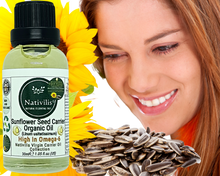 Load image into Gallery viewer, Nativilis Organic Sunflower Seed Carrier Oil (Helianthus annuus) Omega 6 Hair, Face &amp; Skin - Natural Cold Pressed - Non-comedogenic - Promotes Moisture Retention in Skin and Hair Acne-Prone – Copaiba
