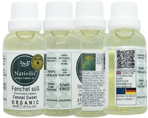Nativilis Organic Fennel Sweet Essential Oil (Foeniculum vulgare) - 100% Natural - 30ml - (GC/MS Tested)