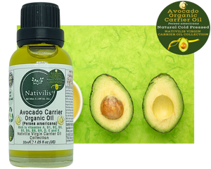 Nativilis Organic Avocado Carrier Oil (Persea americana) Hair, Face & Skin - Natural Cold Pressed - Rich in vitamins A, B1, B2, B3, B5, B6, B8, B9, D, E and K - Moisturizes Dry Skin – Copaiba