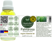 Load image into Gallery viewer, Nativilis Organic Palmarosa Essential Oil (Cymbopogon martinii)- 100% Natural - 30ml - (GC/MS Tested)

