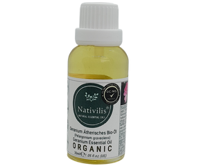 Nativilis Organic Geranium Essential Oil (Pelargonium graveolens) - 100% Natural - 30ml - (GC/MS Tested)