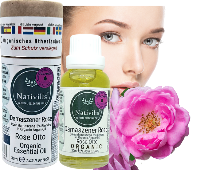 Nativilis Organic Rose Otto Essential Oil Blend 5% (Rosa damascena/Argania spinosa) - 100% Natural - 30ml - (GC/MS Tested)