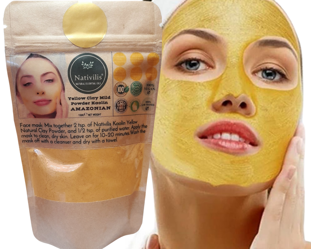 Nativilis Amazonian Yellow Clay Mild Powder Kaolin - Natural Facial Body Mask – Absorb Less Oil Perfect for Sensitive Dry Skin – Increased Collagen – Skin Remineralize - Copaiba benefits