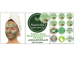 Nativilis Amazonian Green Montmorillonite Powder Clay - Natural Facial Hair Body Mask – oily and acne-prone skin restoring balance skin PH levels – Best known most used - Copaiba benefits