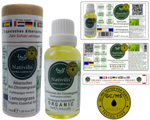 Load image into Gallery viewer, Nativilis Organic Lemongrass Essential Oil (Cymbopogon citratus) - 100% Natural - 30ml - (GC/MS Tested)
