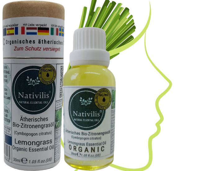 Nativilis Organic Lemongrass Essential Oil (Cymbopogon citratus) - 100% Natural - 30ml - (GC/MS Tested)