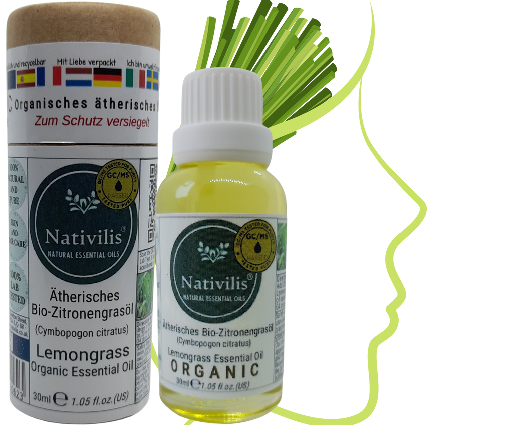 Nativilis Organic Lemongrass Essential Oil (Cymbopogon citratus) - 100% Natural - 30ml - (GC/MS Tested)