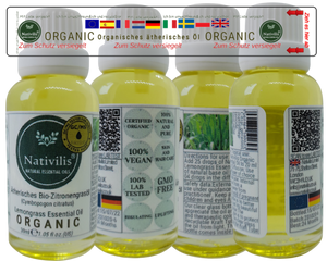 Nativilis Organic Lemongrass Essential Oil (Cymbopogon citratus) - 100% Natural - 30ml - (GC/MS Tested)