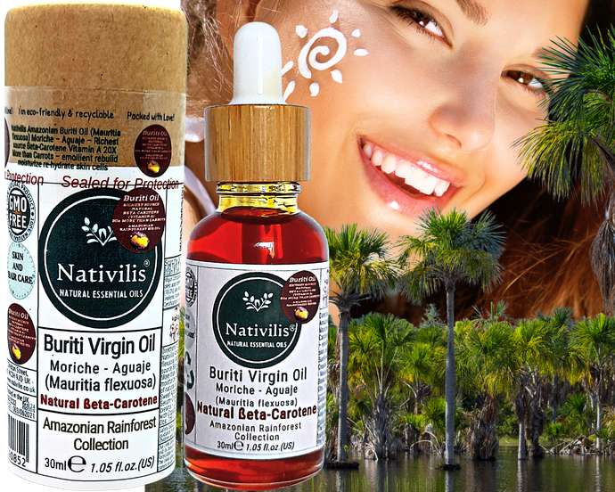 Nativilis Amazonian Buriti Oil (Mauritia flexuosa) Moriche – Aguaje – Richest source Beta-Carotene Vitamin A 20X More than Carrots – emollient rebuild moisturize re-hydrate skin cells - Copaiba